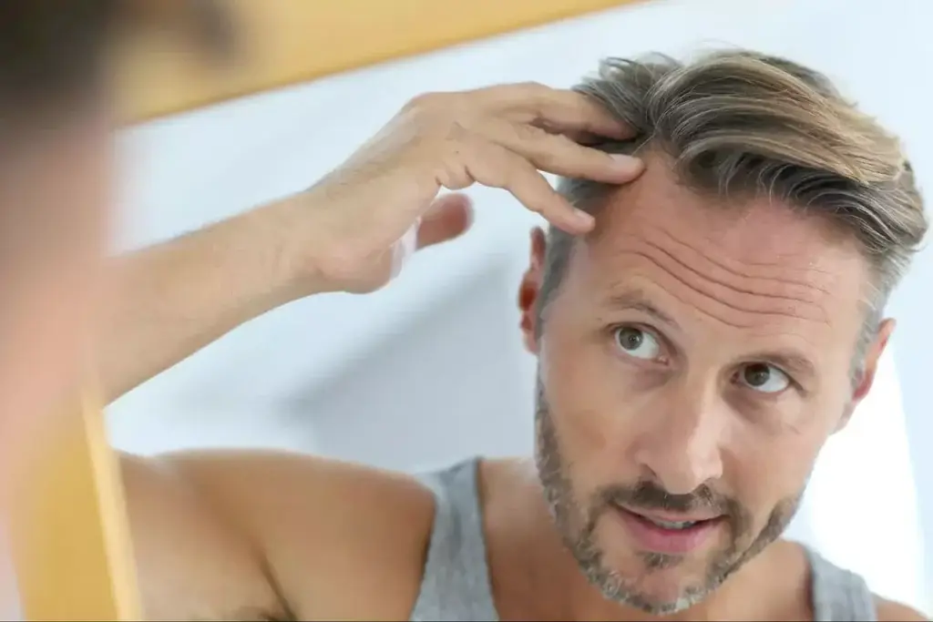 Man examining his receding hairline in the mirror