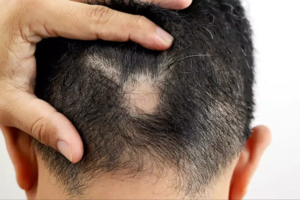 Hands parting dark hair to reveal patchy scalp hair loss