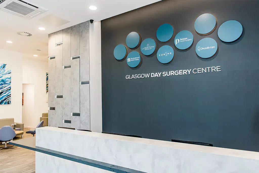 Reception and seating area at the Dr Bonaros clinic on Clyde Street, Glasgow