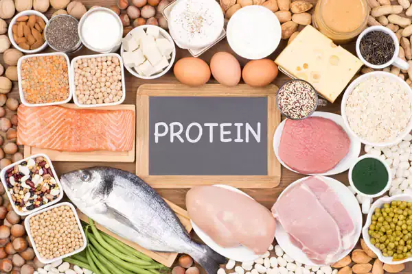 Lean protein sources including chicken, fish, eggs and pulses